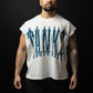 Man wearing a white t-shirt with blue text against a black background